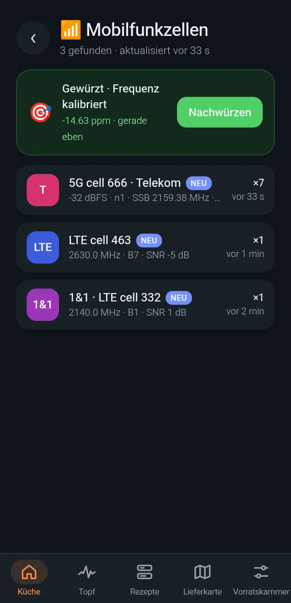 Mobile cells: 5G and LTE cell IDs, and the board calibrated to −14.6 ppm against them.