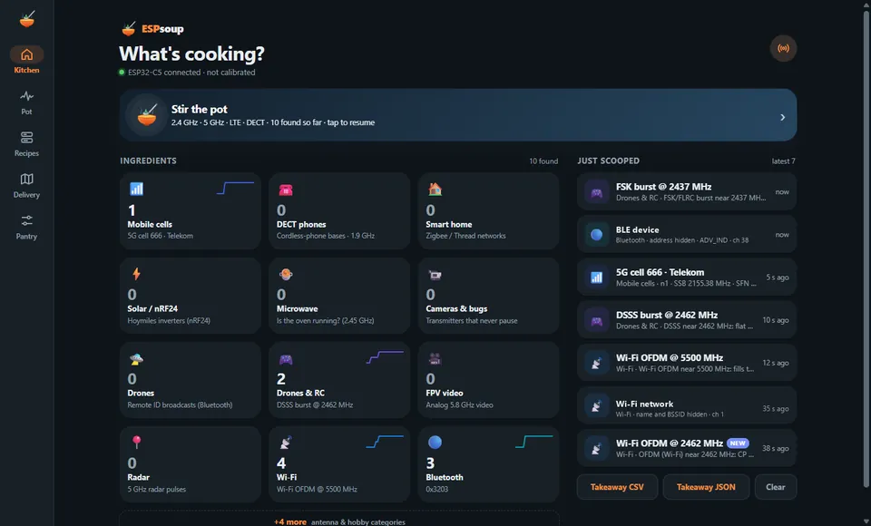 Kitchen after stirring: Ingredients and the “Just scooped” feed. Device addresses and network names are hidden here.