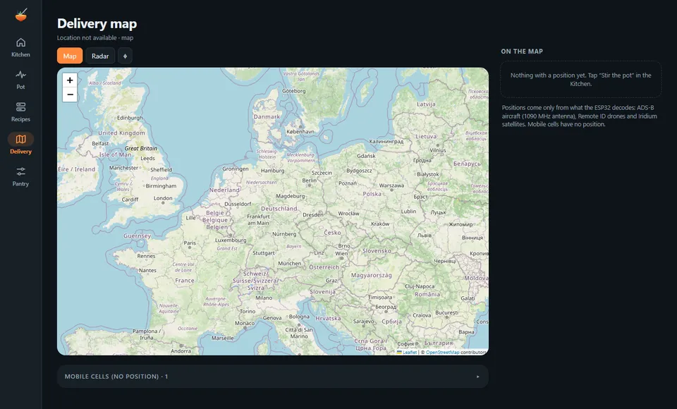 Delivery map: Map tab without a position yet: aircraft, drones and satellites appear once decoded.