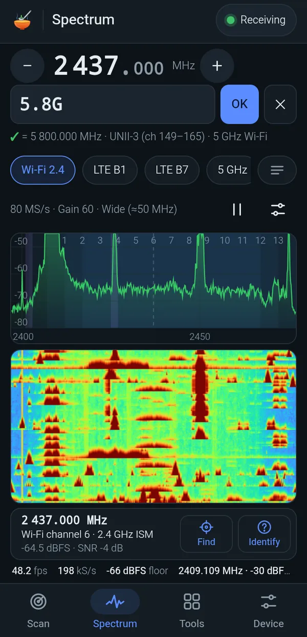 Введення частоти: Введи «5.8G», як у SDR-програмах.