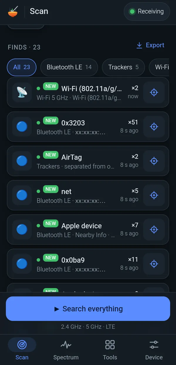 Знахідки: Wi-Fi, BLE-пристрої та AirTag, кожен із кнопкою «Знайти».