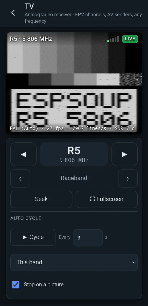 ТБ: Raceband R5 наживо: 27 кадр/с, приблизно 7 900 рядків за секунду.