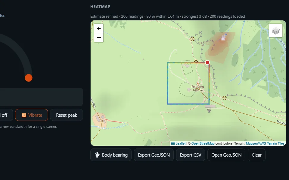 Find on the offline map: Heatmap and terrain-aware estimate on saved map tiles (simulated walk).