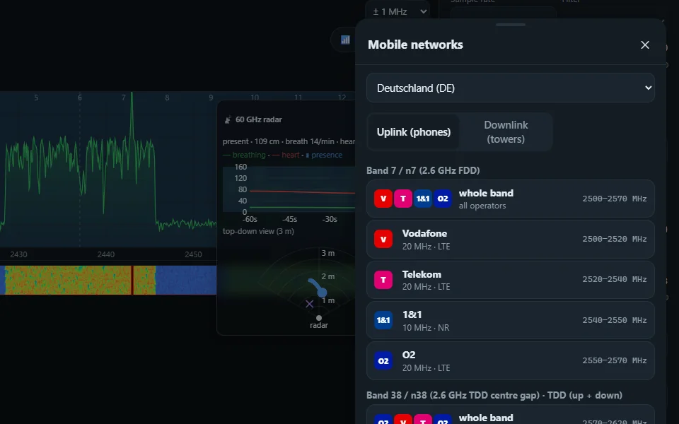 Mobile networks: Operator uplink and downlink blocks per EU country, one tap to tune.